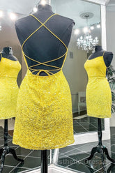 Yellow Sequins Backless Short Homecoming Dresses